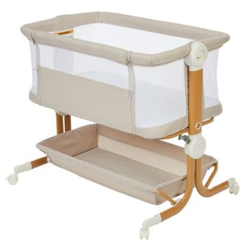 GustoWave 3-in-1 Portable Bedside Bassinet, Adjustable Height Sleeper And Travel Crib With Net, Wheels -Beige