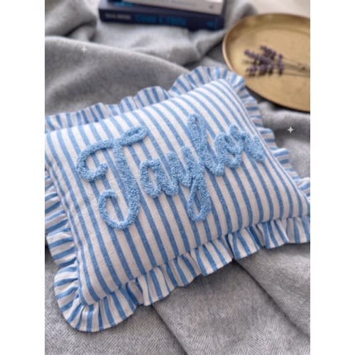 Personalized Punch Needle Baby Name Striped Ruffled Pillow: Nursery Decor Gift