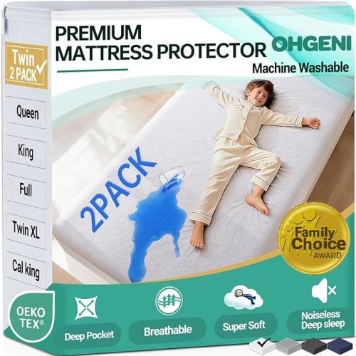 OhGeni 2 Pack Waterproof Mattress Protector, Twin Size Mattress Pad Fitted with Deep Pocket 6"-18", Breathable Noiseless & Soft, Washable Dirt-Proof Mattress Cover for Home, Bedroom, Hotel, White