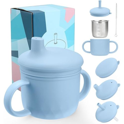 2PCS Stainless Steel Sippy Cups for Toddlers1-3, Baby Straw Cups for 6+Month Old with Travel Lid, Silicone Straw, Replacement Straw & Cleaning Brush-8oz Toddler Cups Spill Proof Set (Blue+Green)