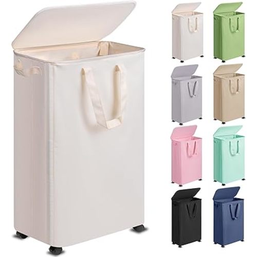 Slim Laundry Hamper with Lid and Wheels, Small Rolling Laundry Basket with Handle for Small Spaces, Tall Dirty Clothes Hampers for Dorm, Bathroom and Bedroom, 75L, Beige