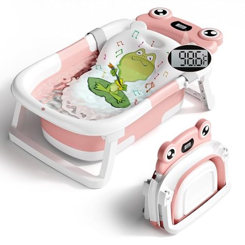 Baby Bathtub, Collapsible Newborn Bathtub for Infant to Toddler 0-24 Months with Soft Cushion and Thermometer,Portable Travel Newborn Tub with No-Slip Feet, Baby Shower Gifts,Pink