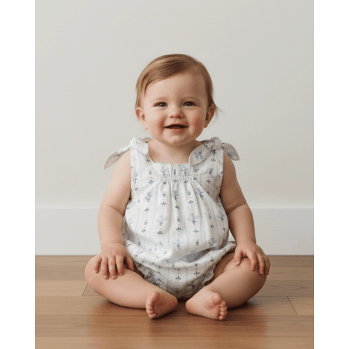 TIE SHOULDER BUBBLE ROMPER 0-3m / blue vines