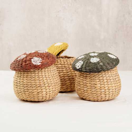 Little Mushroom Basket with Lid - Woven Straw Storage Box, Cute Boho Decor, Rustic Organizer, Kids Room & Nursery Decoration