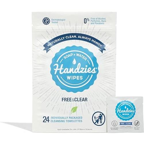 Handzies Natural Soap and Water Hand Wipes, Hypoallergenic, Free and Clear, Individually Packaged Singles (24)