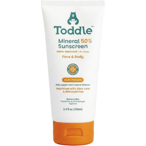 Toddle Prebiotic Mineral Sunscreen SPF 50 for Kids & Baby, Face & Body Sun Protection, Reef Safe, Non-Toxic Zinc Oxide Broad Spectrum, Water-Resistant, No White Cast, Travel Size 3.4oz