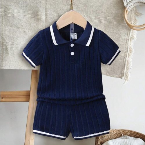 SHEIN Vintaside Kids 2pcs Baby Boy Sets, Navy POLO Shirt And Shorts, Ribbed Fabric, Suitable For Casual Outdoor, School, Vacation, Elegant Style, Fit For Family Leisure, Sports And Party Outfits, Toddler Infant Outfits Unisex Summer | SHEIN USA