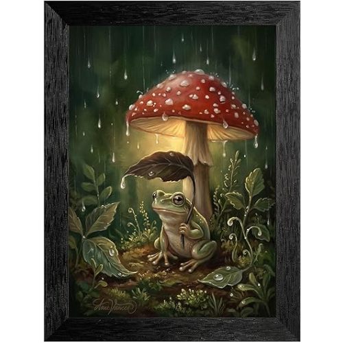 Framed Canvas Wall Art Whimsical Storybook Tiny Frog Under Red Toadstool with Leaf Umbrella Raindrops Canvas Print Poster Black Frame Wall Decor for Nursery Kids Room 8x10 Inch