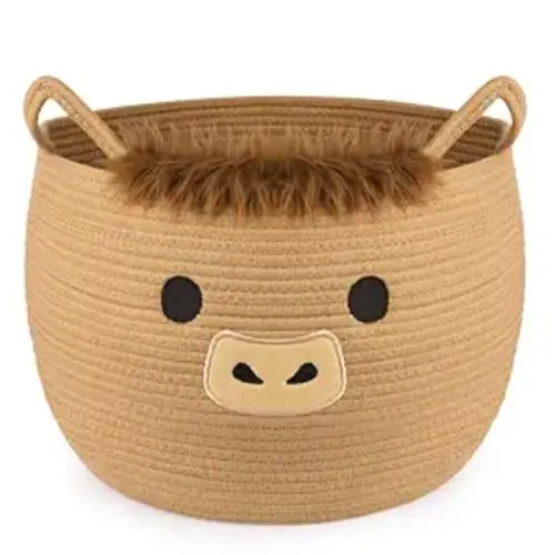 Highland Cute Cow Basket for Nursery, Large Blanket Gift Basket | Woven Rop Cotton Storage, Baby Laundry 0rganizer with Ears Handles, Towels Toy Clothes Gifts Storage Cat Dog Bin,13"D×11.5"H