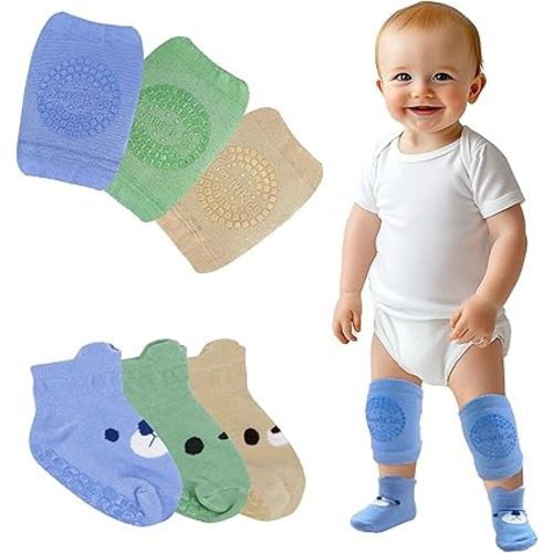 Simply Kids Anti-Slip Baby Knee Pads and Socks Set for Crawling and Walking (6 Pairs, 6-18 Months) Infant Toddler Boy Girl