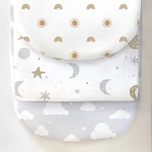 100% Organic Cotton Jersey Fitted Bassinet Sheets. 3 Pk Adapts to Oval, Hourglass & Rectangle Shaped Bassinet Pads. Fits Halo, Snoo, Graco, Baby Delight and Most Other Standard Size Bassinets.