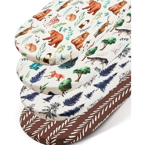 REZIPO 4 Pack Bassinet Sheets Woodland Forest Animals Wood Tree Neutral Unisex Fitted Baby Bassinet Sheets Set for Baby Boys or Girls