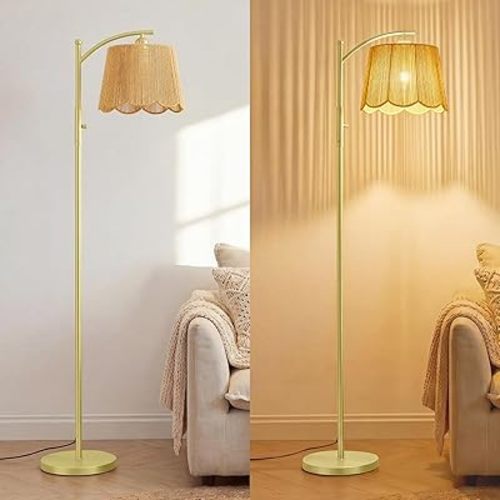 Karjoefar Floor Lamp, Rattan Floor Lamp with Hand-Woven Shade, Boho Floor Lamp with Dimmable Knob, Floor Lamps for Living Room Bedroom, Arc Floor Lamp & Tall Standing Lamp with 7W Bulb