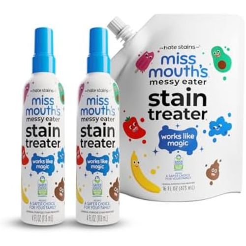 Miss Mouth's Messy Eater Stain Treater - 4oz 2-Pack Spray & 16oz Refill Pouch - Laundry Spot Cleaner for Baby Clothes, Carpet & Fabric