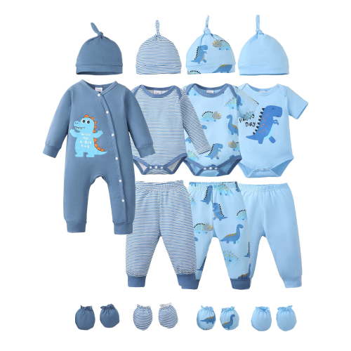 KIMI BEAR Newborn Baby Boys Layette Set 0-3 Months Shower Gift 4-Packs Pant Sets Romper Set Short Sleeves Long Sleeves Romper Dinosaur Print Clothes with Hats and Gloves 15pcs Clothes Blue
