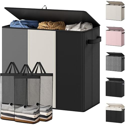 Optish 180L Laundry Hamper 3 Section, Large Hamper with Mesh Bags & Lid
