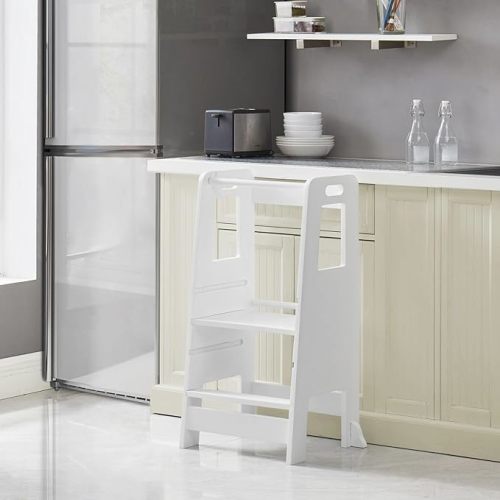 Toddler Tower – Montessori Step Stool for Toddlers with Safety Guardrails, Adjustable Kids Kitchen Stool Helper for Cooking & Learning, White