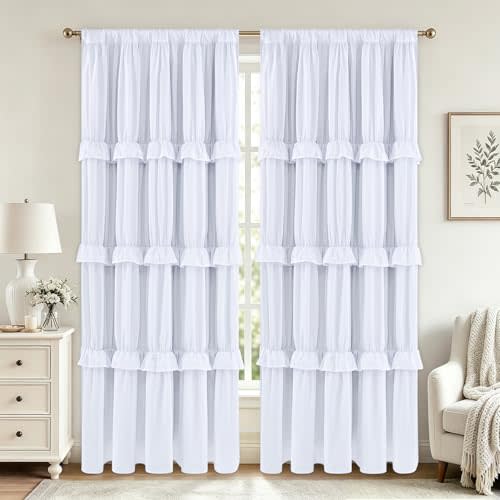 Yinhua Ruffle Curtains for Living Room White Blackout Curtains for Bedroom 84 Inch Long with 3 Rows of Ruffles, Room Darkening Window Curtain Rod Pocket Thermal Insulated Drapes, 52" W x 84" L