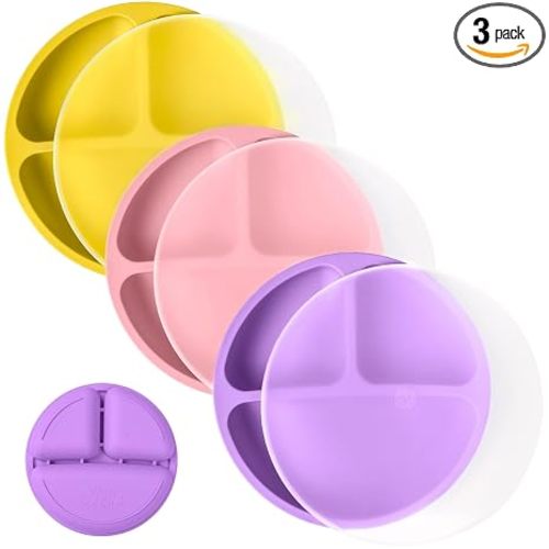 WeeSprout Silicone Plates with Lids for Babies & Toddlers (3 Pack) 100% Food-Grade Dishes for Self Feeding, Divided Design & Raised Edges for Picky Eaters, Dishwasher & Microwave Safe Weaning Supplies
