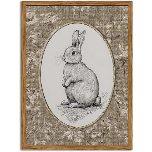 Framed Vintage Rabbit Wall Art, Cute Easter Bunny Pictures Wall Decor, Rustic Farmhouse Animal Paintings Canvas Prints Cottagecore Home Decor for Nursery Living Room Bedroom 12x16 inch