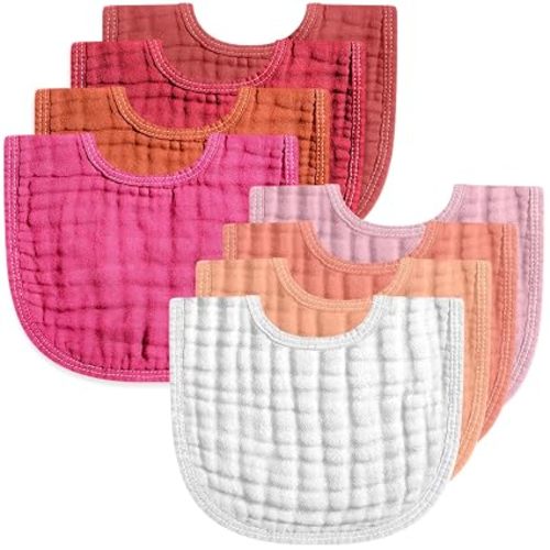 Frienda 8 Pcs Muslin Baby Bibs Waterproof Bib for Drool,Orange Pink Colors