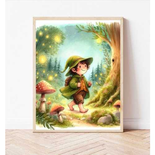 Boy hobbit In Forest Lord of the Rings Tolkien Woodland Mushrooms Watercolor painting Baby shower Gift Child room Nursery picture Art print