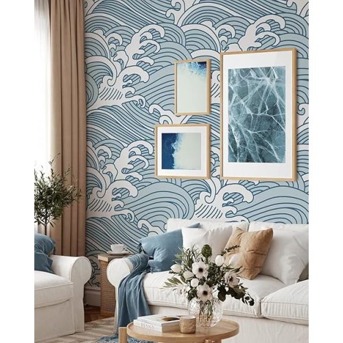 Blue Waves Wallpaper | Removable Self Adhesive Waves Wallpaper | Peel and Stick Wallpaper (1 roll 24" W x 96" H)