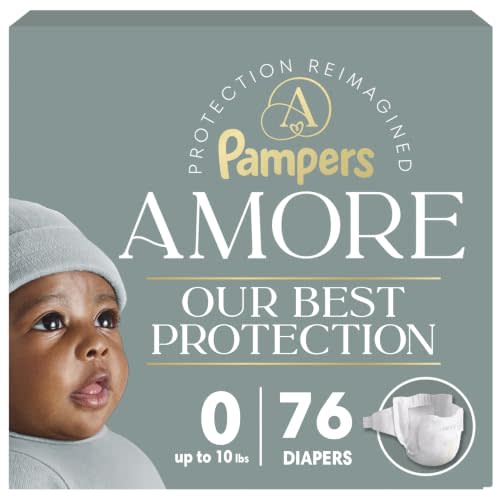 Pampers Amore, Size 0 (up to 10 lbs), 76 Count, Our Best Diaper – Hypoallergenic & Fragrance Free, Up to 100% Leakproof, Soft as Cashmere