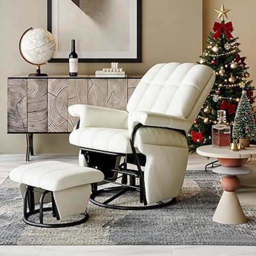 AODAILIHB 360° Swivel Glider Recliner with Ottoman, Nursing Glider Rocking Chair with Foot Rest & 2 Side Pockets for Nursery, Living Room, Bedroom, Office, White