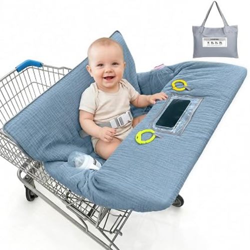 Muslin Shopping Cart Cover for Baby Soft Breathable Full Coverage | 360° Protection, 3-Layer Comfort, Phone Pocket, Machine Wash, Portable Storage Bag for Grocery Carts, Restaurant High Chairs