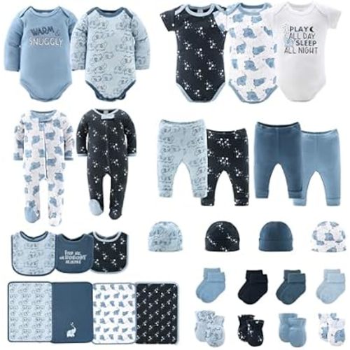The Peanutshell Baby Layette Gift Set for Boys - 30 Piece Layette Set, Newborn to 9 Months Baby Boy Clothes - Elephant Blue