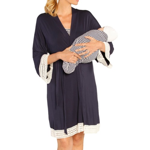Maternity Nursing Dress, Robe & Baby Blanket Set, Small, Navy Stripes