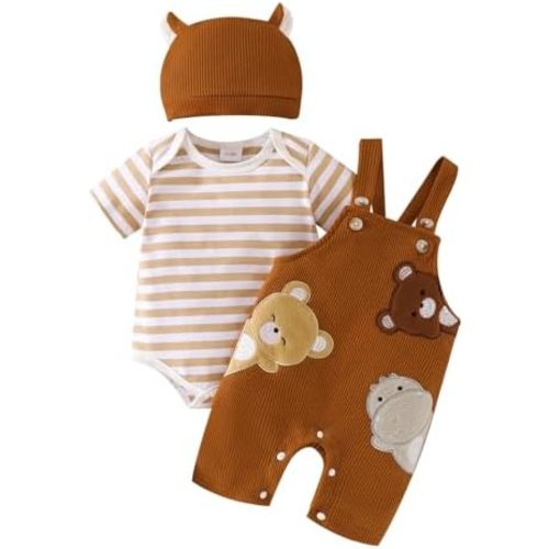 Baby Boy Clothes Newborn Striped Romper Infant Bear Suspender Overall Cute Hat 3Pcs Set Summer Outfits 0-18 Months
