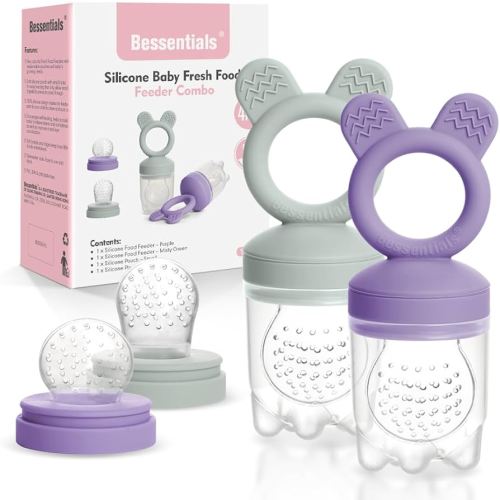 Bessentials Baby Fresh Fruit Food Feeder - 2 Pack Silicone Baby Mesh Feeders for Infant Safe Self Feeding |3 Sizes Food Pouches Included| Suitable for Baby 4m+（ Purple+Misty Green）