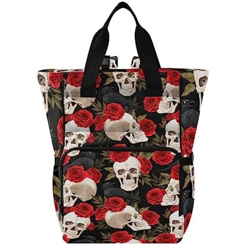 MNSRUU Diaper Bag Red Rose Skull Diaper Bag Backpack Multifunction Travel Diaper Bag Tote Large Capacity Diaper Changing Backpacks for Moms Dads