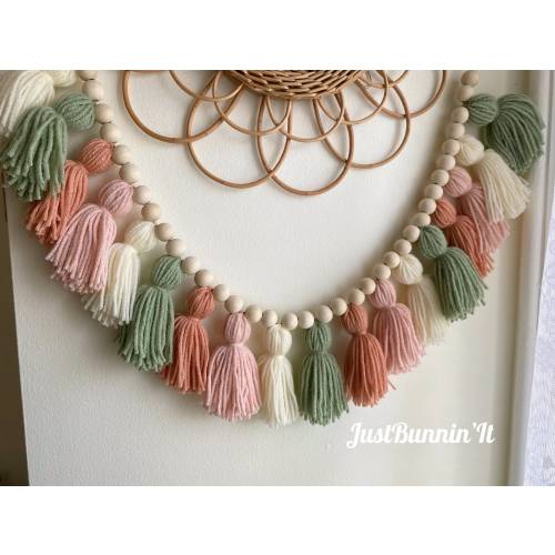 Blush and Sage Boho Nursery Decor Girl, Pink and Green Baby Shower Garland, Boho Wall Decor Bedroom, Sage Green Decor Tassel Garland