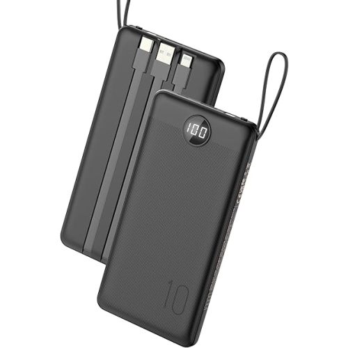 VEEKTOMX Portable Charger Built-in Cables, 10000mAh Power Bank for iPhone, Fast Charge USB C Battery Pack Travel Essentials Powerbank Compatible with iPhone 17/16/15/14, Samsung S25/24, Android, etc