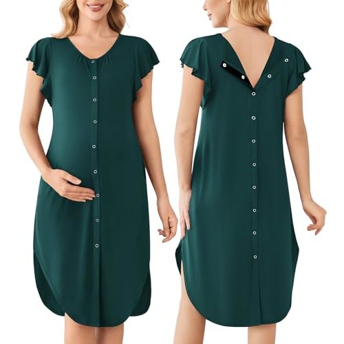 Ekouaer Labor and Delivery Gown for Hospital Nursing Nightgown with Button | Open Back Postpartum Nightdress,Birthing/Pregnancy Flying Short Sleeve Dress, Mom Essentials with Button,C-section Clothes