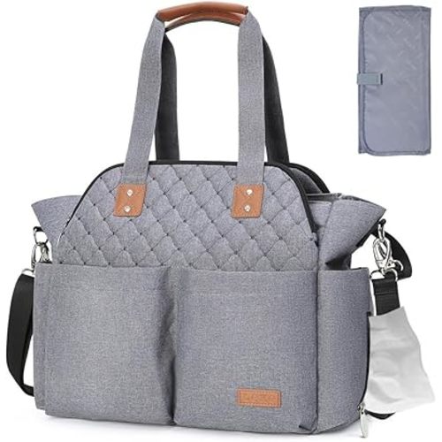 Lekebaby Diaper Bag Tote for Baby - 17 Pockets Large Travel Diaper Tote with Portable Changing Pad, Mom Crossbody Hospital Bag for Labor Delivery, Waterproof, Baby Essentials for Newborn Gifts, Grey