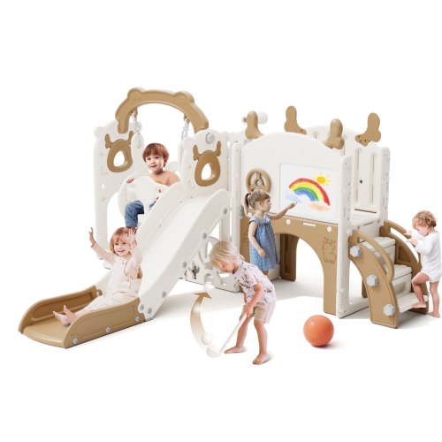 KORIMEFA Toddler Slide Set, Kids Slide with Swing, Outdoor Indoor Playground for Toddlers 1-4, Toddler Climber Slides PlaySet with Basketball Hoop and Ball, Tunnel and Storage Space, Coffee