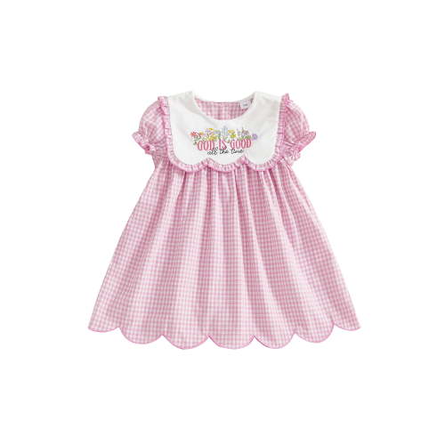 BemeyourBBs Toddler Baby Girl Easter Dress Outfit Baby Christening Clothes God is Good All The Time Letter Short Sleeve Sailor Collar Floral Embroidery A-Line Dress Plaid Spring Summer Casual Dress