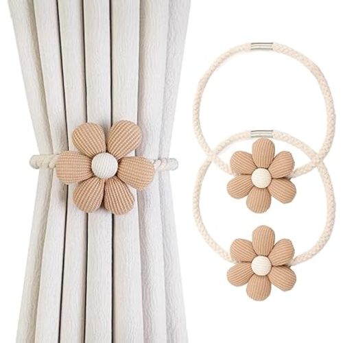 Magnetic Curtain Tiebacks, 2 Pack Window Curtain Treatment Holdbacks Tie Back Holders with Weave Twist Rope for Home Bedroom Office Indoor & Outdoor Decorative Boho Flower Cream Brown