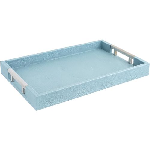Modern 17.5"x12" Rectangle Baby Light Blue Glossy Shagreen Faux Leather Decorative Tray Ottoman Coffee Table Perfume Living Room Kitchen Serving Tray with Silver Metal Handles by Home Redefined