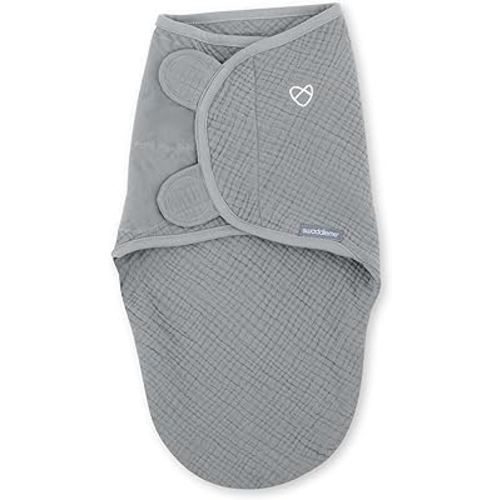 SwaddleMe by Ingenuity Muslin Original Swaddle, 100% Cotton, Size Small/Medium, for Ages 0-3 Months, 7-14 Pounds, Up to 26 Inches Long, 1.5 TOG - Gray