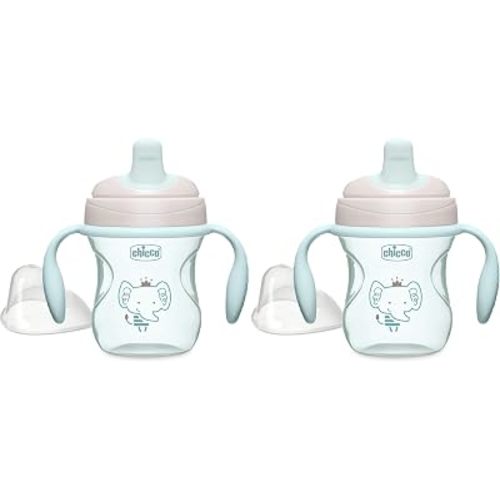 Chicco Semi-Soft Trainer with Bite-Resistant Spout and Spill-Free Lid 7oz. | Removable, Non-Slip Handles | Top-Rack Dishwasher Safe | Easy to Hold Ergonomic Indents | Sage | 6+ months (Pack of 2)