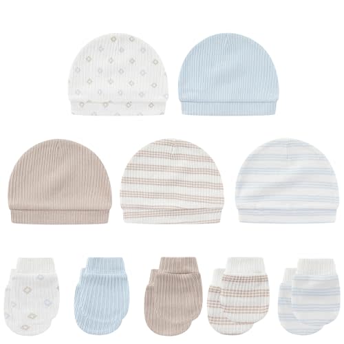 MAMIMAKA Baby Hat and Mittens Set Cotton Newborn Baby Hats Caps for Boys and Girls, 0-6 Months