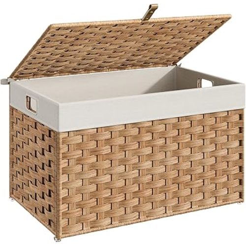 HOOBRO Storage Basket with Lid, 17.2 Gallon (65L) Wicker Basket, Handwoven Blanket Storage Basket with Handles, Metal Frame and Soft Lining, Foldable for Bedroom, Laundry Room, Natural NL265CW01