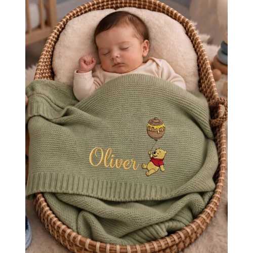 Custom Pooh Balloon Embroidered Knit Baby Blanket, Personalized Name Disney Pooh Tigger Piglet Blanket, Nursery Keepsake, Newborn Gift