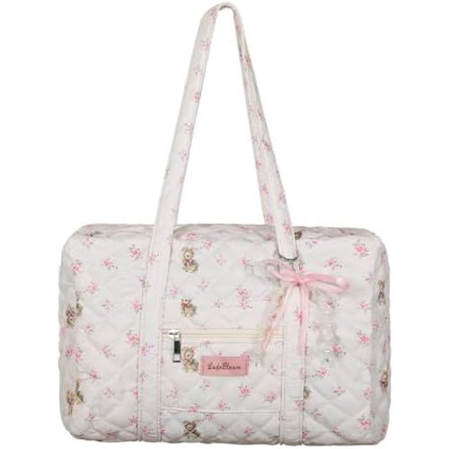 Coquette Bag with Bow Keychain White Pink Floral Travel Duffel Bag for Women Sweetly Bunny Handbag Cute Quilted Puffer Bags Shoulder Purse Carry on Bags for Travel Family Trip Christmas Gifts Business