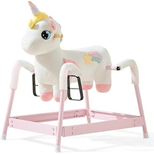 FUNLIO Unicorn Spring Rocking Horse for Kids 3-6, Rainbow Fairy Ride on Horse with Covered Spring & Sturdy Frame, Neighing & Galloping Sound for Pretend Play, Nursery Horse Toys, CPC & CE Certified